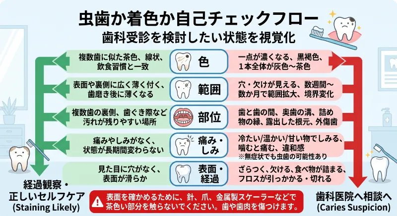 虫歯か着色かの自己チェックフロー