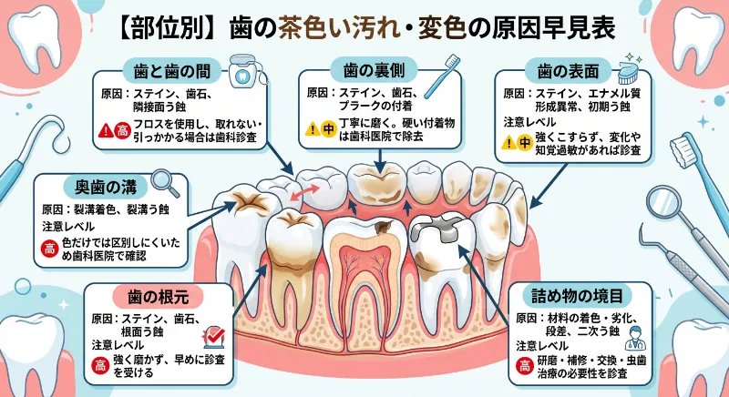 茶色くなりやすい部位の歯イラスト